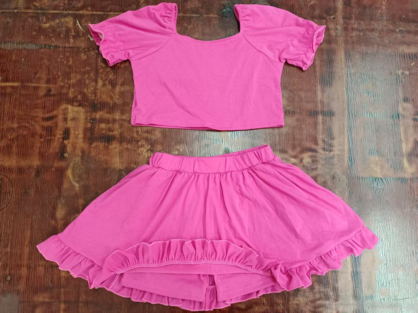 Custom moq 3 eta 6-7weeks baby girl clothes solid color pink short sleeve skirt dress sets