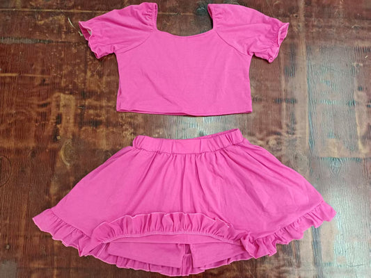 Custom moq 3 eta 6-7weeks baby girl clothes solid color pink short sleeve skirt dress sets