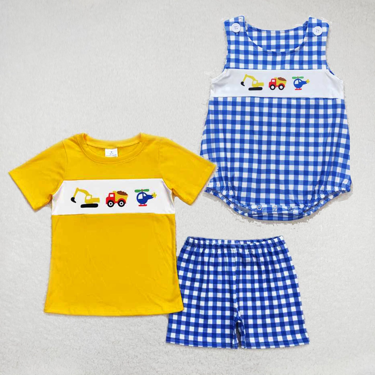 Baby boys excavator truck helicopter print yellow and blue plaid Sibling Sister Clothes Sets