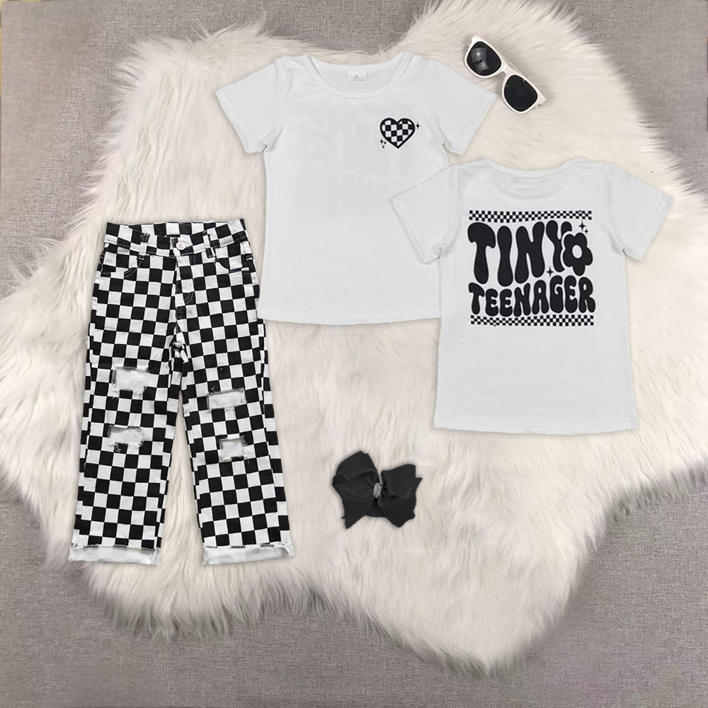 RTS NO MOQ ETA 5/7days Arrived  GT0527+P0122 teenager short-sleeved top Black and white plaid ripped denim pants sets
