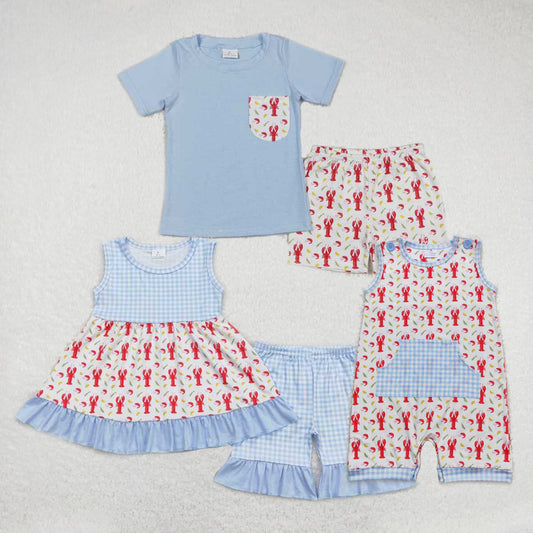 Baby Girls boys lobster prints blue plaid blue Sibling Rompers Clothes Sets