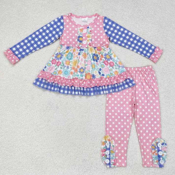 RTS NO MOQ Sibling baby girl clothes floral bow long sleeve pants Sets