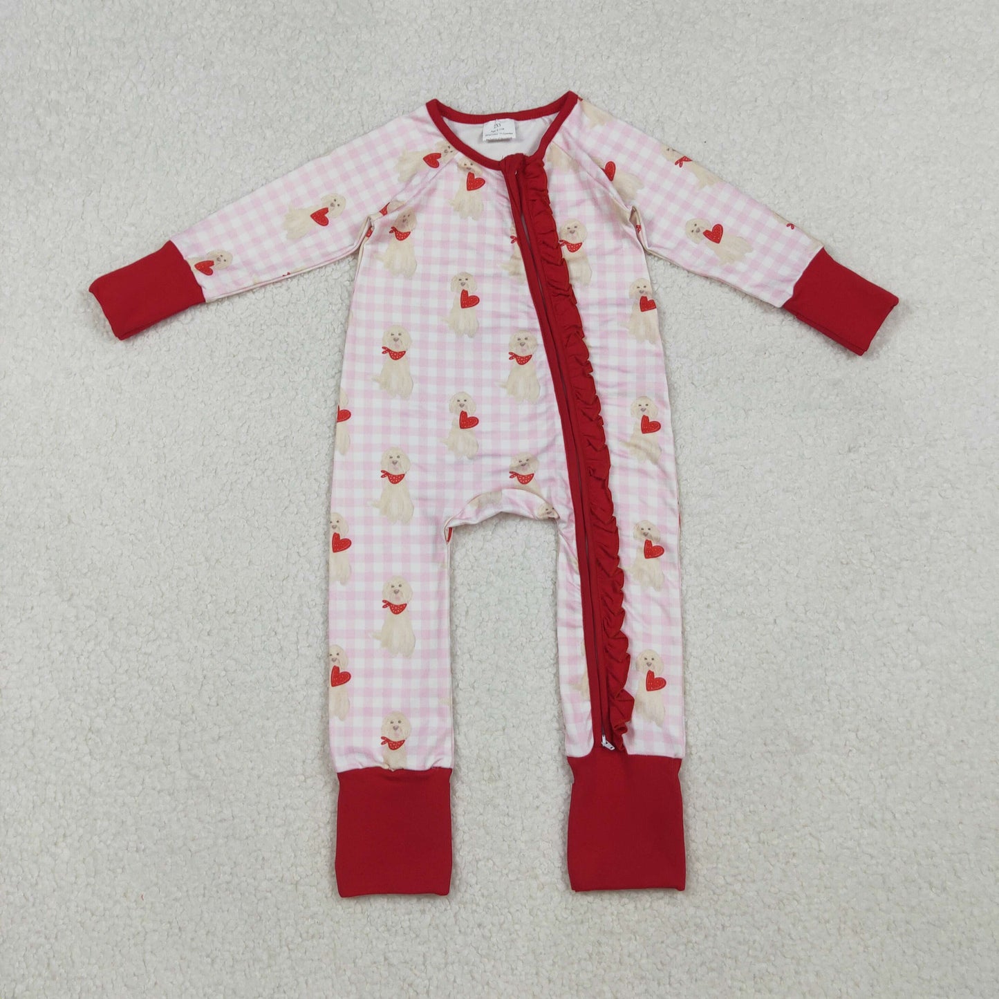 RTS NO MOQ（In Stock) LR2681 Pink plaid long-sleeved bodysuit with red lace and heart puppy zipper
