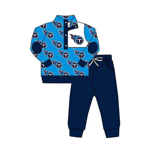 Custom moq 3 eat about 6-8 weeks Blue flame letter button pullover top boy long sleeve suit