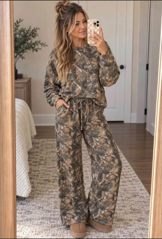 custom moq 5 mix size MARR0101 Adult Long Sleeve Crew Neck Top Drawstring Wide Leg Pant Set