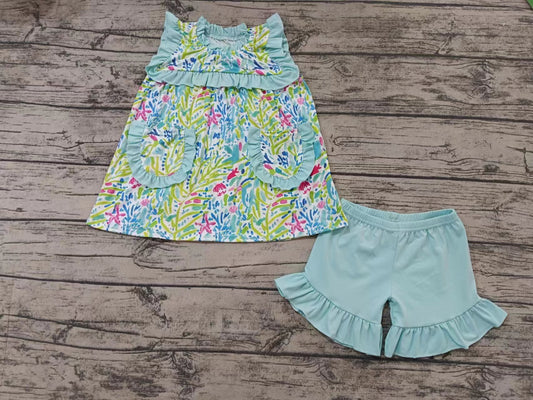 Custom moq 3 eta 6-7weeks  Line Grass-Ruffled Edge Square Neck Pocket Mint Green Sleeveless Top Shorts Set