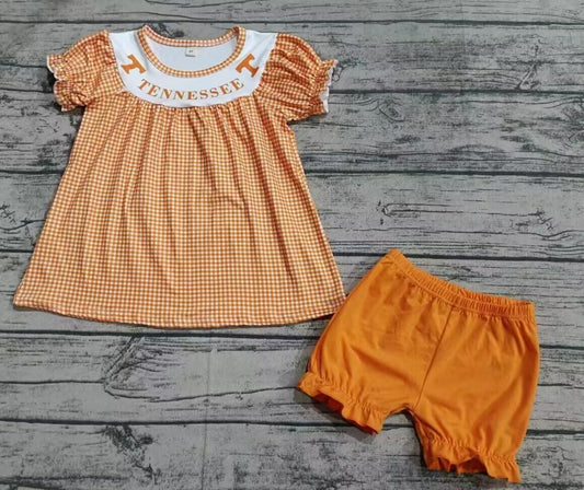 custom moq 3 eta 6-7weeks Orange small plaid bubble short sleeves and lantern shorts set