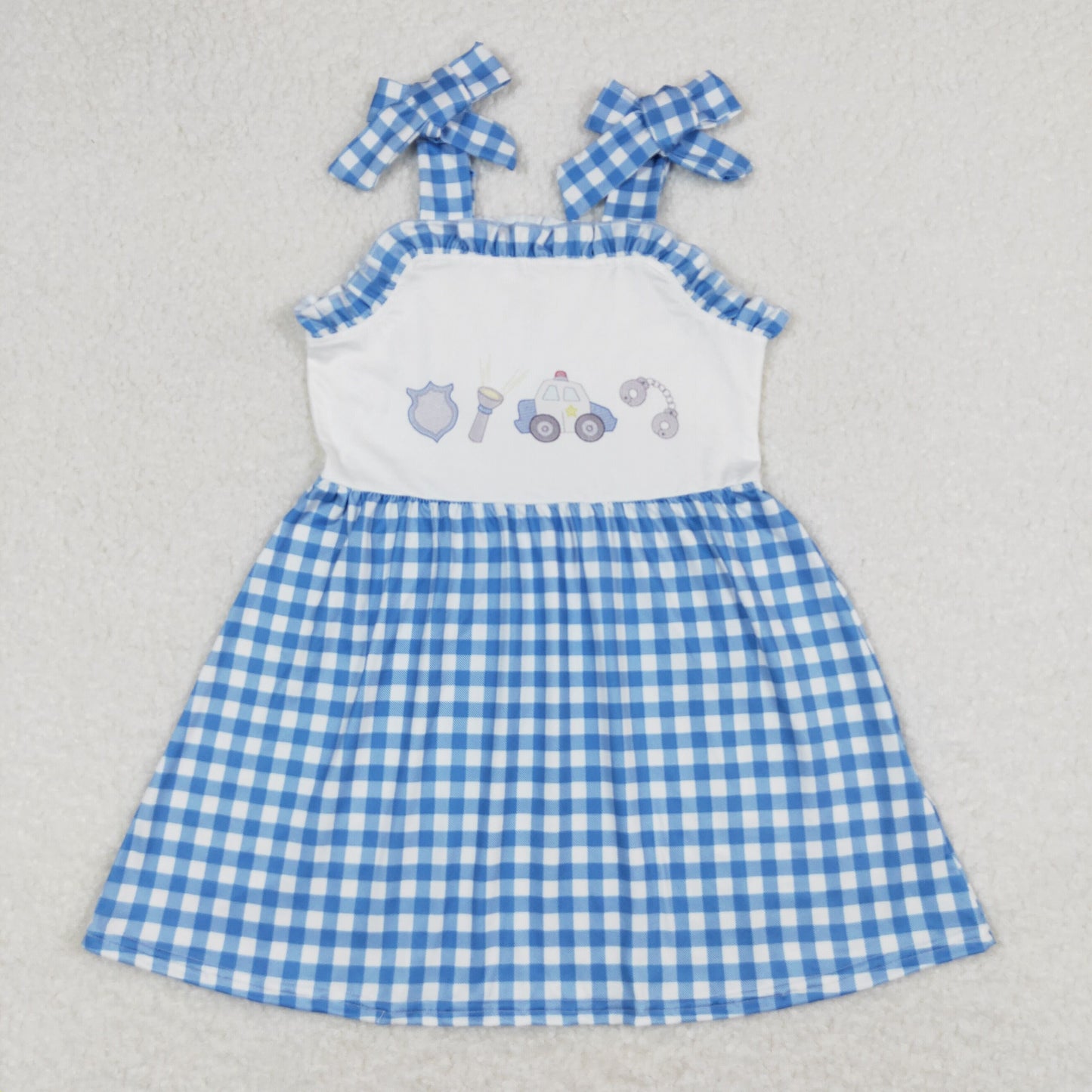 RTS NO MOQ（In Stock) police flashlight blue and white plaid lace slip dress