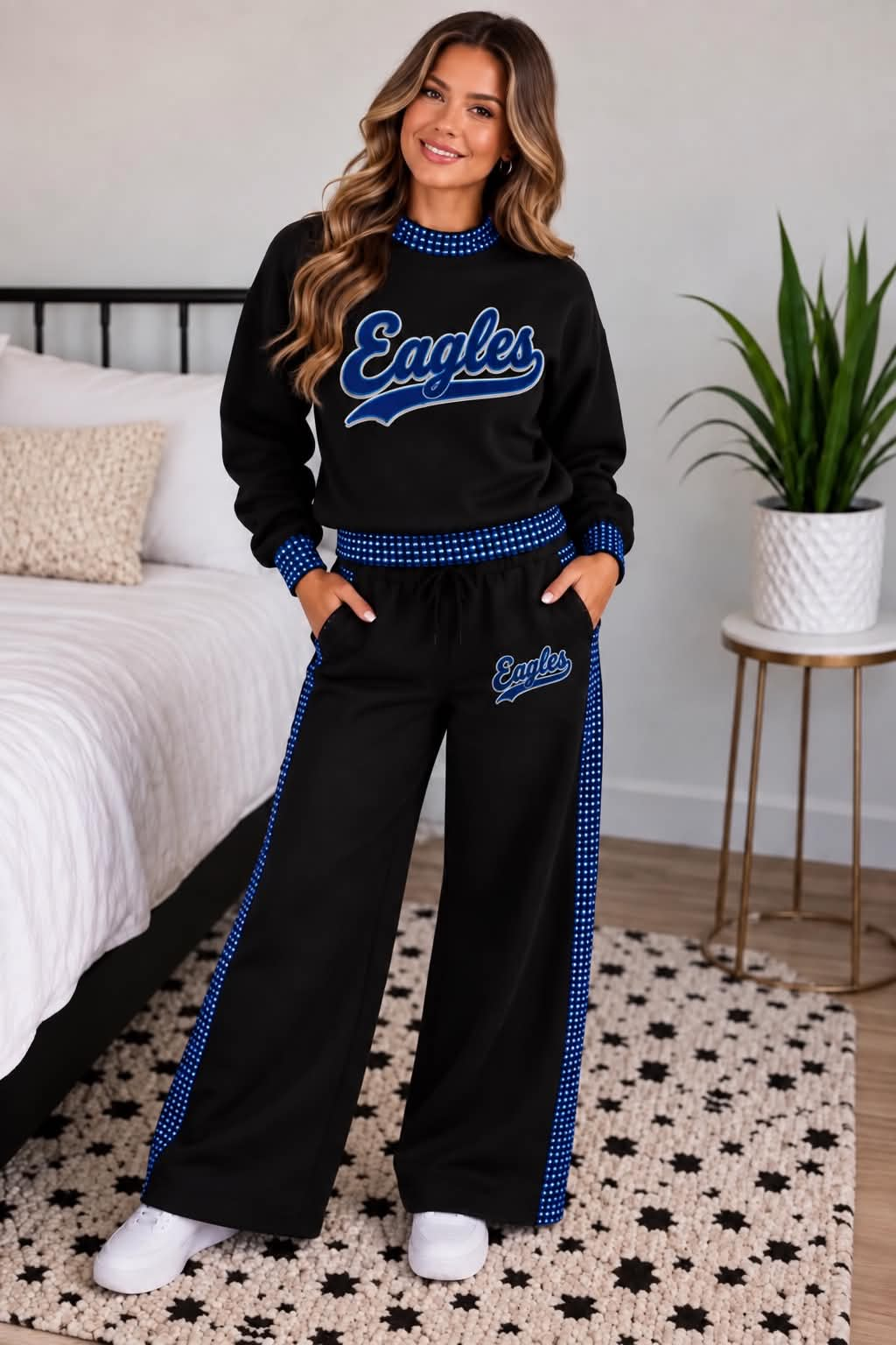 custom moq 5 mix size LIBBYBS0103 Adult To Match Kids Black Top Blue Check Trim Mock Neck Pant Outfit