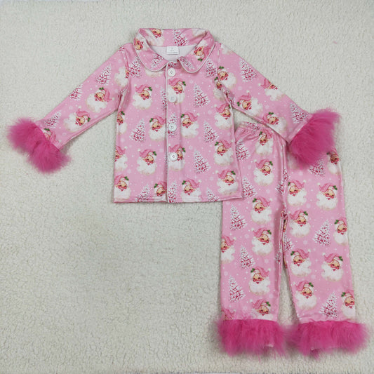 RTS NO MOQ（In Stock) GLP2424 Pink long-sleeved pyjama set with Santa Claus tree and snowflake trim