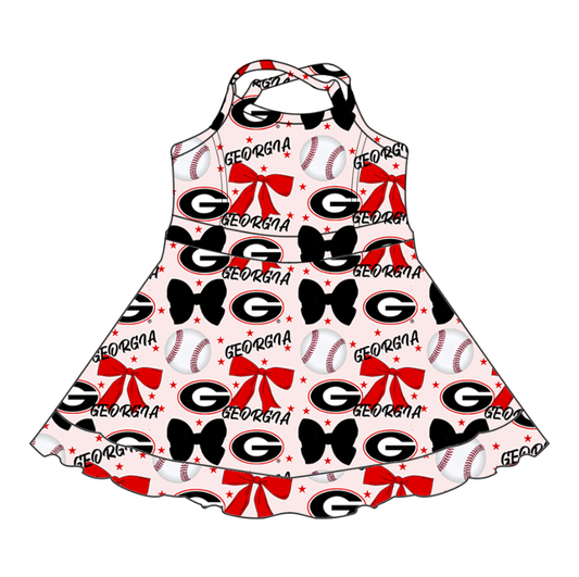 Custom moq 5 mix sizes summer teams baby girls clothes team baseball bow red short sleeve dress-25.6.13