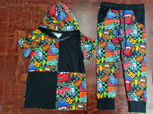 Custom moq 3 eta 6-7weeks baby boy clothes cars hooded short sleeve Pants Suit