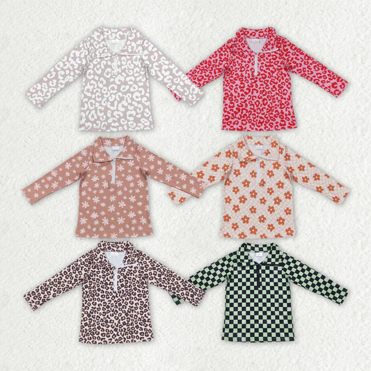 RTS NO MOQ Zippered pullover long-sleeved top: leopard print & small flowers & plaid