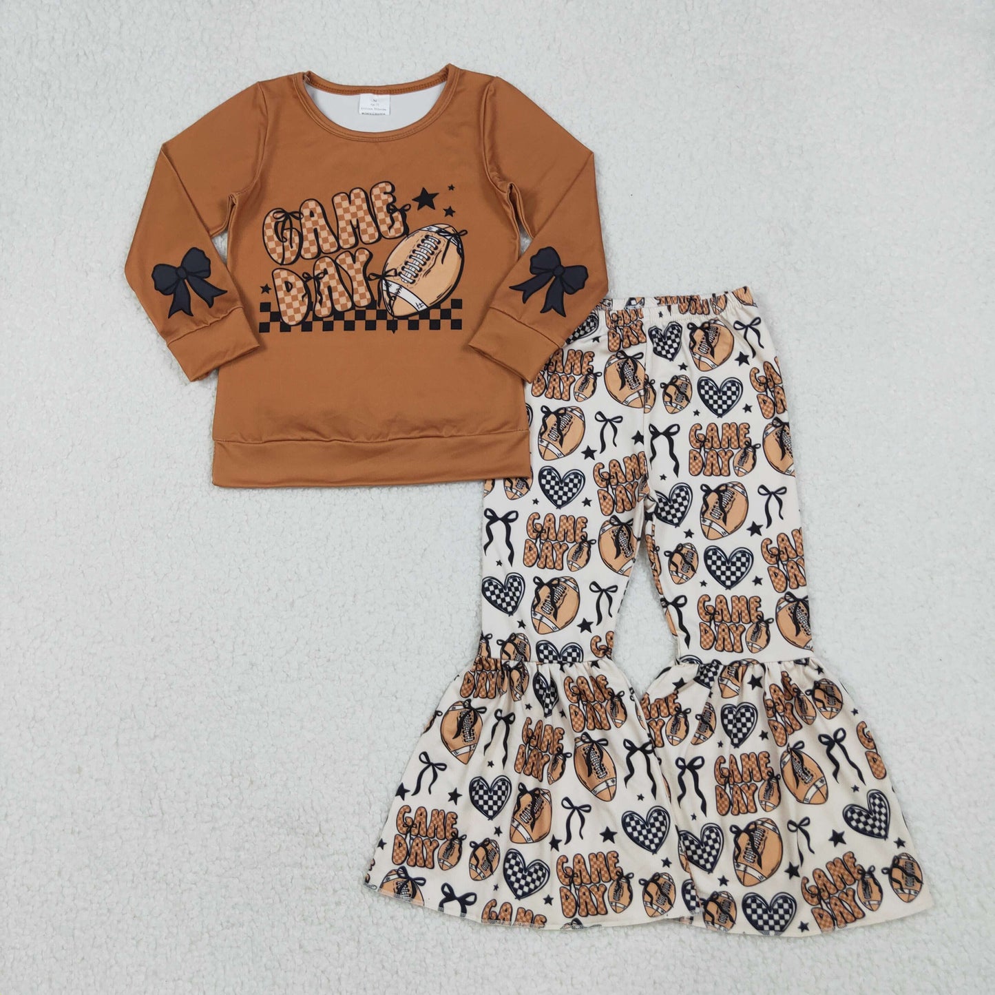 RTS NO MOQ（In Stock) GLP2721 Game day bow pattern rugby plaid love heart long sleeve trouser suit