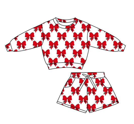 Custom moq 5 mix size milk silk summer teams baby boys clothes bow red hooded long sleeve shorts sets-25.10.22