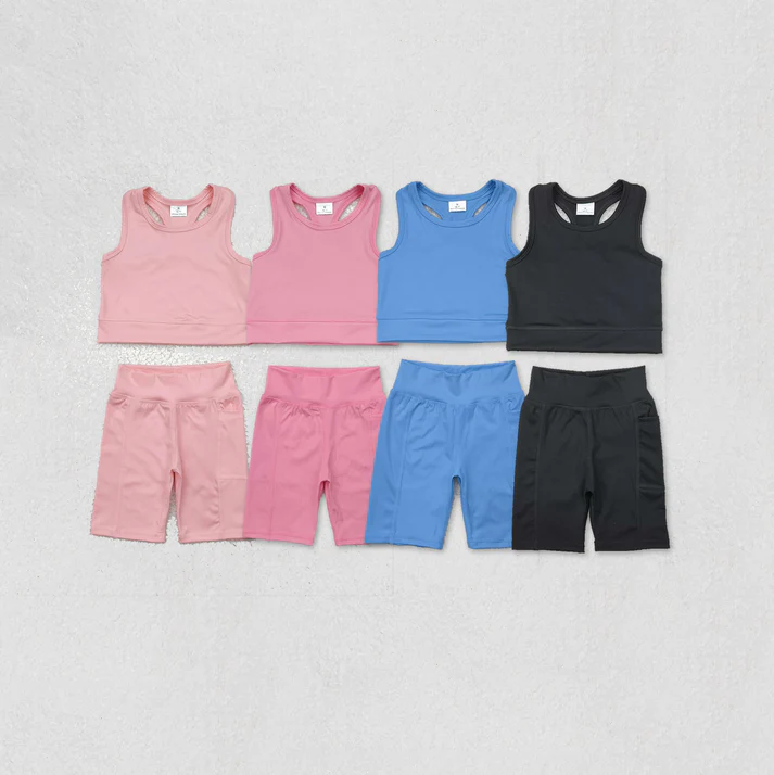 RTS NO MOQ baby girls Clothes yoga solid color short sleeve shorts Sets