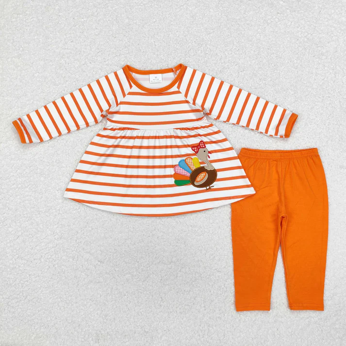 RTS NO MOQ Sibling Baby girl clothes Embroidery turkey pumpkin long-sleeved trousers suits