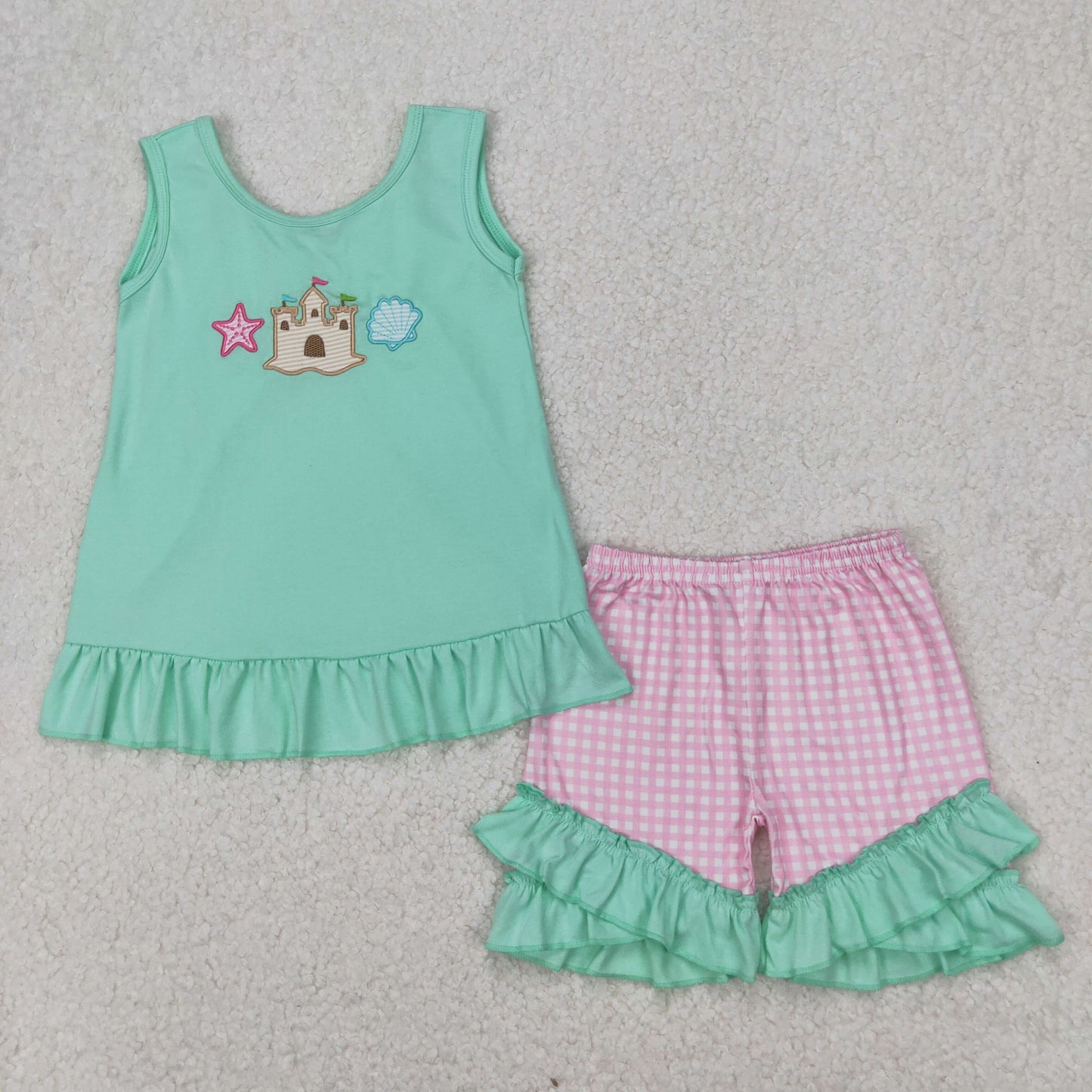 RTS NO MOQ ETA 5/7days Arrived GSSO1983 Embroidered starfish Dream shell blue sleeveless pink plaid shorts set