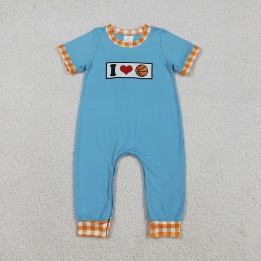 RTS NO MOQ（In Stock) Embroidered "I Love Basketball" Heart Orange Plaid Blue Short-Sleeve Jumpsuit