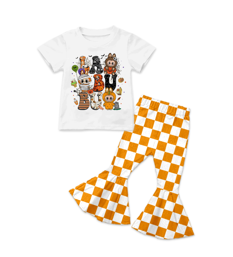 Custom summer teams baby girl clothes bow Halloween orange plaid short sleeve pants sets-25.8.16