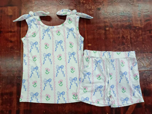 Custom moq 3 eta 6-7weeks baby girls clothes bow floral suspenders shorts sets-25.4.30