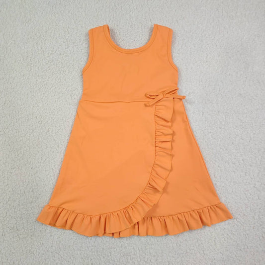 NEW RTS NO MOQ yoga fabric cotton GSD3767 Baby Girls Orange Sleeveless Scallop Trim Yoga Knee Length Dress