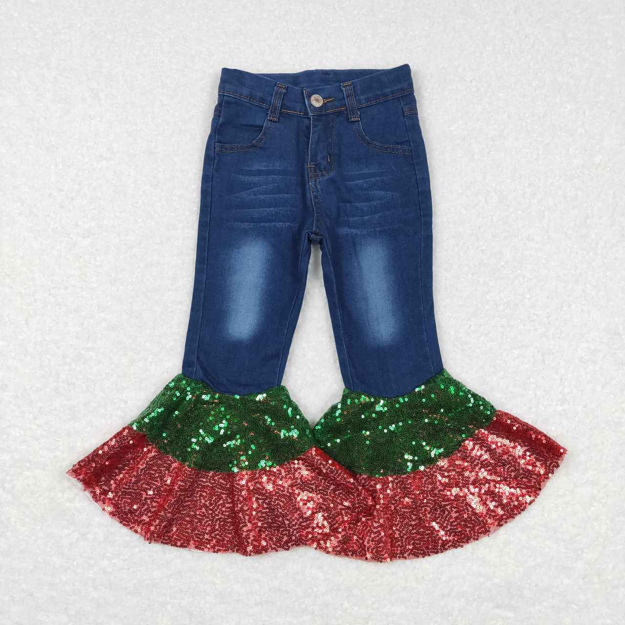 rts no moq P0113 Red green sequined denim trousers