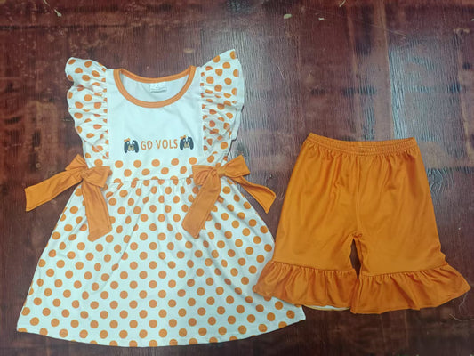 Custom moq 3 eta 6-7weeks baby girls clothes team orange flying sleeve shorts sets