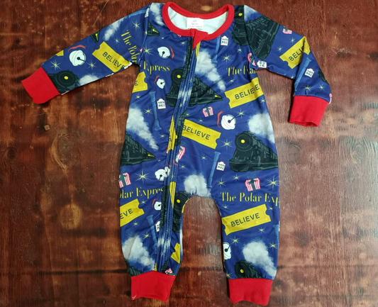 Custom moq 3 eta 6-7weeks Train-Bell Pattern Blue Long Zip-Up Romper