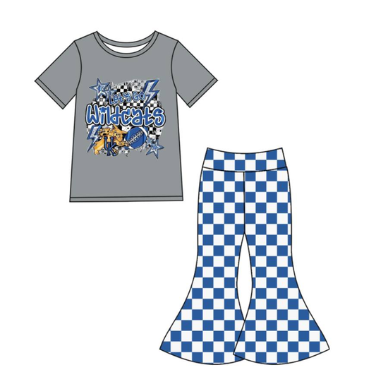 Custom summer teams baby girl clothes team blue plaid short sleeve pants sets-25.8.22