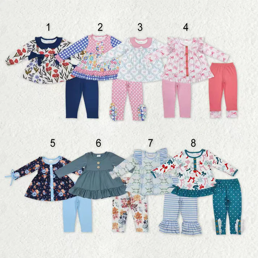 RTS NO MOQ Sibling baby girl clothes floral bow long sleeve pants Sets