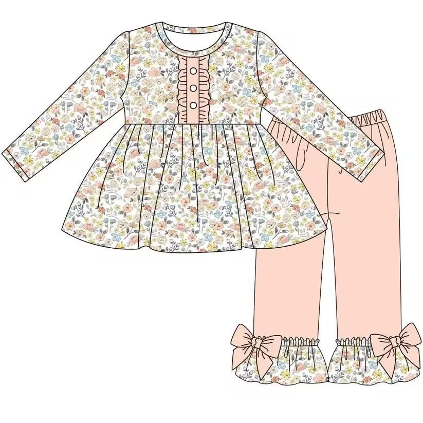 Custom moq 5 each style eta 6-7weeks baby girl clothes floral long sleeve pants sets-25.8.28