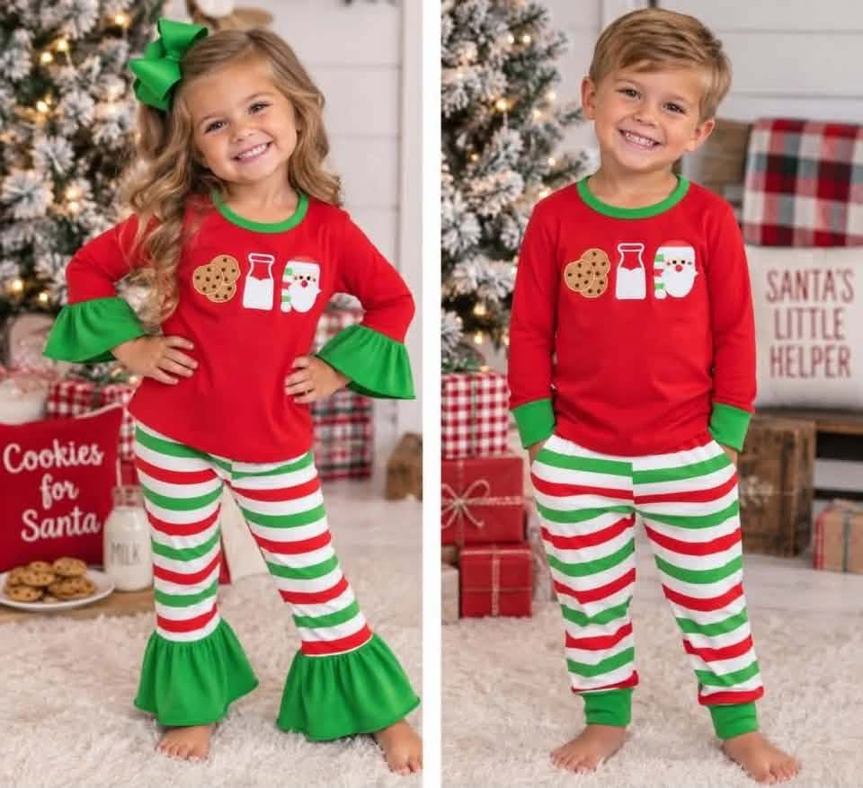 RTS NO MOQ Sibling Baby boys girls embroidery Christmas long-sleeved trousers suit & romper