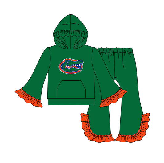 Custom moq 5 mix size milk silk summer teams baby girls clothes lace green hooded long sleeve pants sets