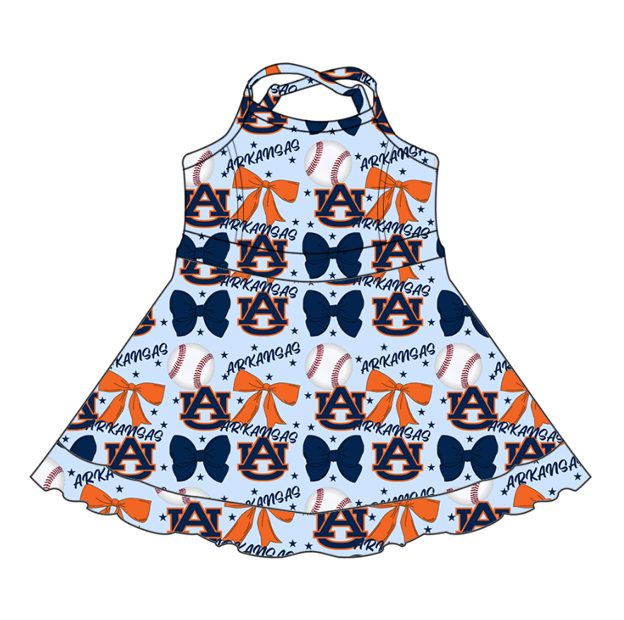 Custom moq 5 mix sizes summer teams baby girls clothes team baseball bow dark blue short sleeve dress-25.6.13