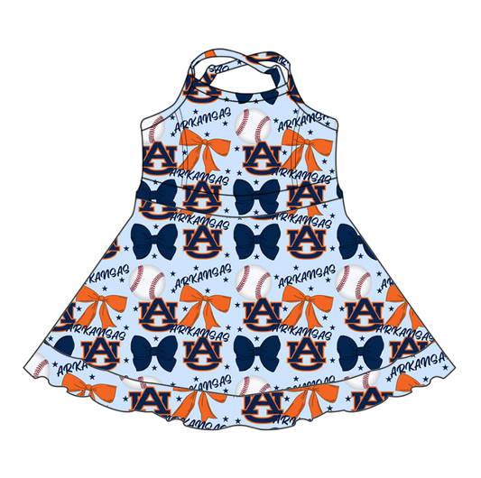 Custom moq 5 mix sizes summer teams baby girls clothes team baseball bow dark blue short sleeve dress-25.6.13