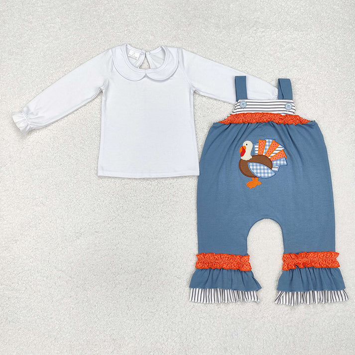 RTS NO MOQ Embroidered turkey pattern denim blue long-sleeved suit & romper & overalls & dress
