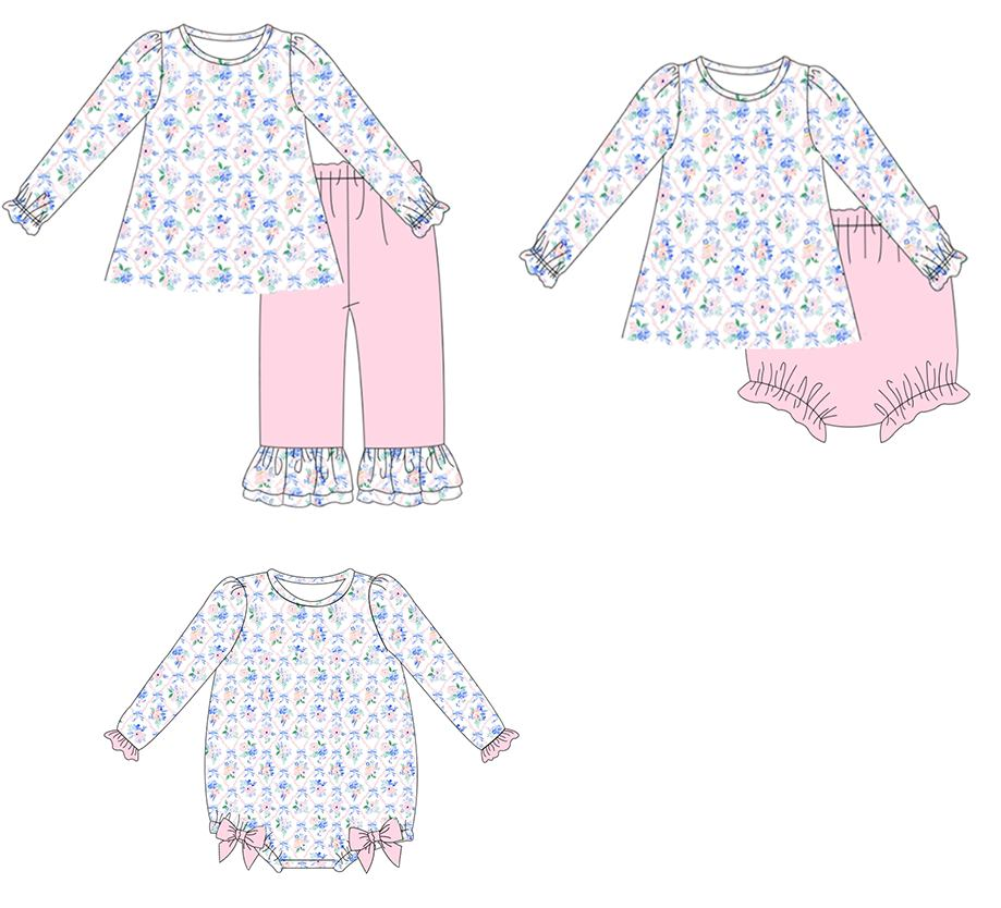 Custom moq 5 each style eta 6-7weeks baby girl clothes floral bow long sleeve pants sets brief set and romper-25.8.9