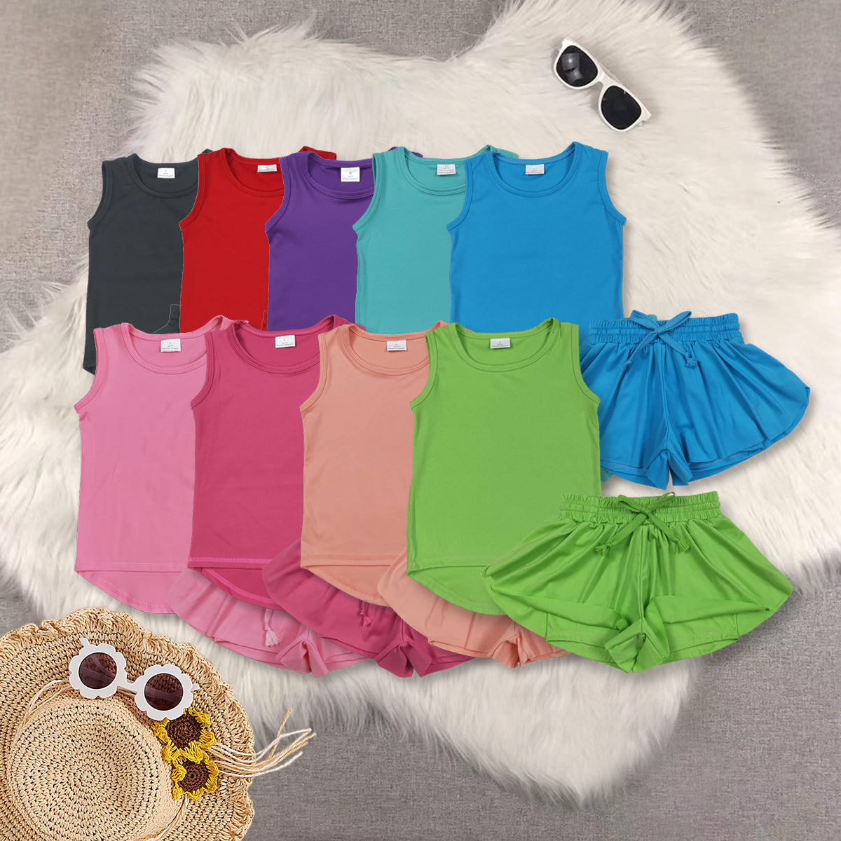 RTS NO MOQ Sibling baby girls clothes yoga solid color short sleeve Clothes Sets-2