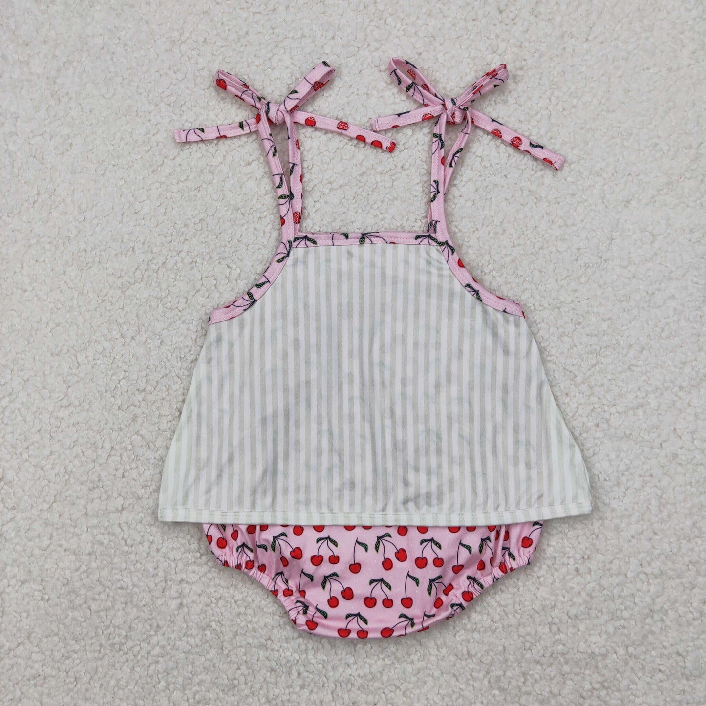 RTS NO MOQ SR2279 Bow pattern cherry stripe pink camisole jumpsuit