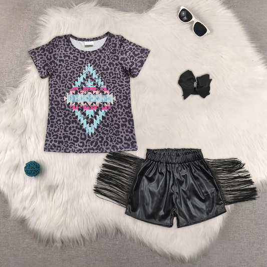 rts no moq GT0239+SS0094 geometric short-sleeved top Black shiny leather fringed shorts sets