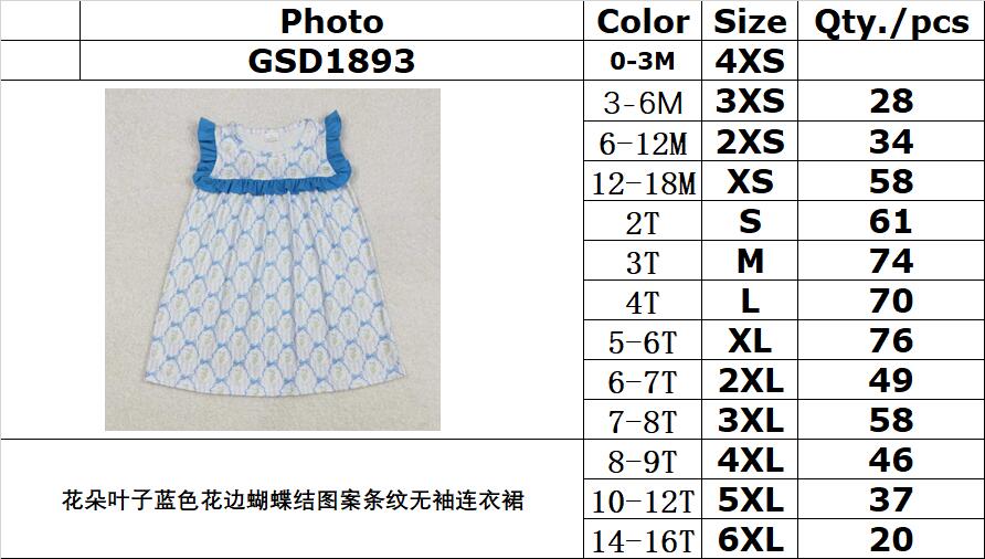 RTS NO MOQ ETA 5/7days Arrived GSD1893 Flower and leaf blue lace bow pattern striped sleeveless dress