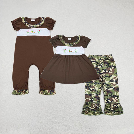 Baby girls Duck flower print brown camouflage Sibling Sister Clothes Sets