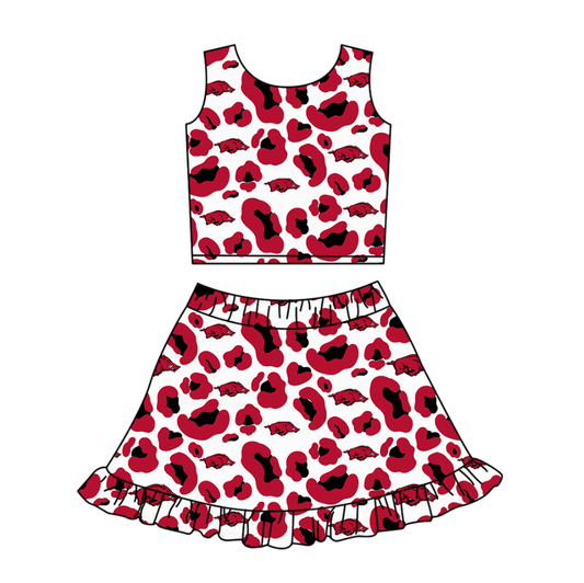 Custom moq 5 mix size milk silk summer teams baby girl clothes camouflage dark red sleeveless skirts set