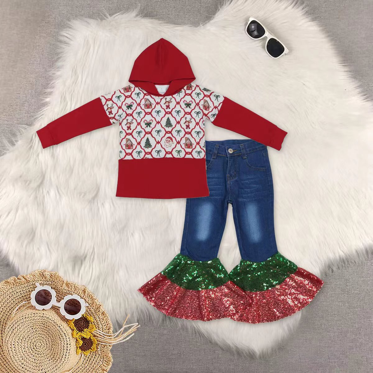 RTS NO MOQ Sibling Baby Girls hooded Long Sleeve Tops demin pants sets