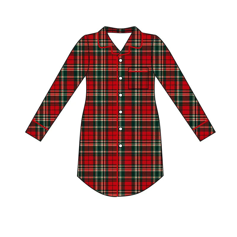 custom moq 5 mix size KLSH0103 Adult To Match Kids Red Green Plaid Christmas Pajama Set Rompers Dress Adult Buttons Tops