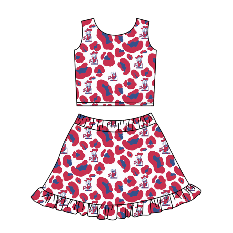 Custom moq 5 mix size milk silk summer teams baby girl clothes camouflage sleeveless skirts set
