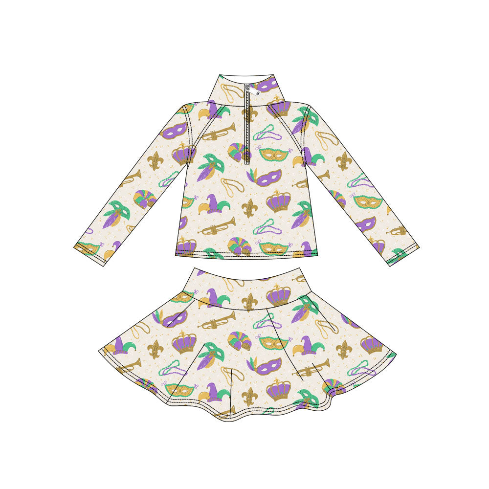 Custom moq 5 mix size milk silk summer baby girls clothes mardi gras long sleeve skirts sets-25.11.7