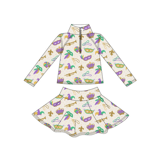 Custom moq 5 mix size milk silk summer baby girls clothes mardi gras long sleeve skirts sets-25.11.7