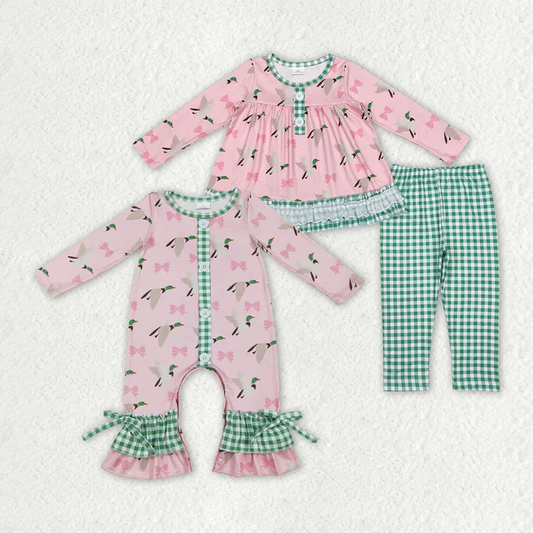 RTS NO MOQ Baby Girls Duck Pink long-sleeved trousers suit & romper